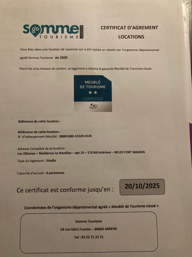 Les Obiones, Vue Laterale Mer, Fort Mahon Plage, Magnifique Studio Cabine 4P, Avec Balcon , Parking Prive Gratuit, Wifi, Classe 2 Etoiles, Exposition Plein Sud En Baie De Somme 外观 照片